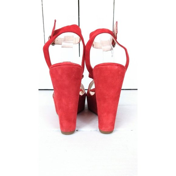 Red suede leather open toe platform wedge flower petal sandals - Picture 4 of 6